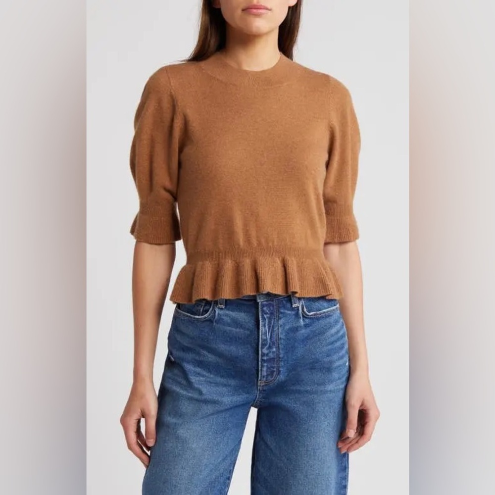 PAIGE Sabelina Merino Wool and Cashmere Blend Peplum Sweater in Dark Caramel